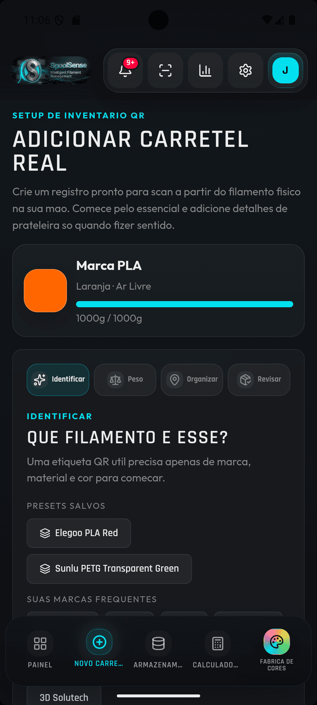 Fluxo guiado do SpoolSense para adicionar um carretel real ao inventário com QR Code