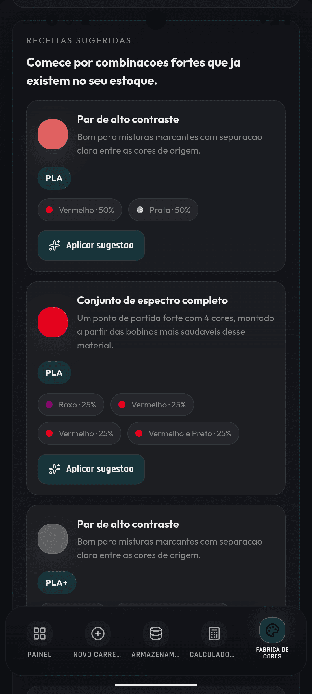 Tela da Fábrica de Cores com receitas automáticas sugeridas a partir do inventário