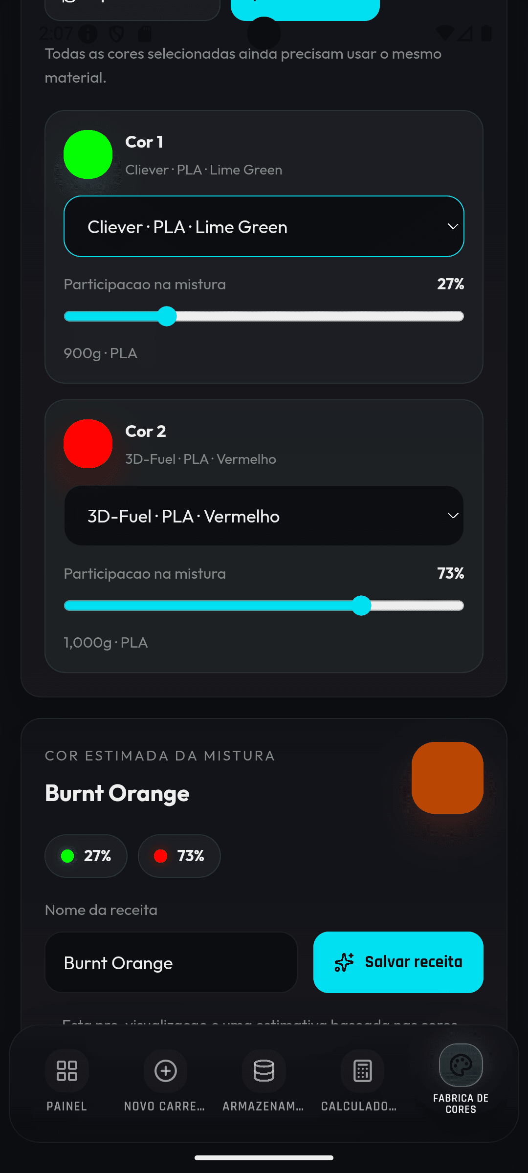 Tela da Fábrica de Cores com ajuste de proporções e preview da cor resultante