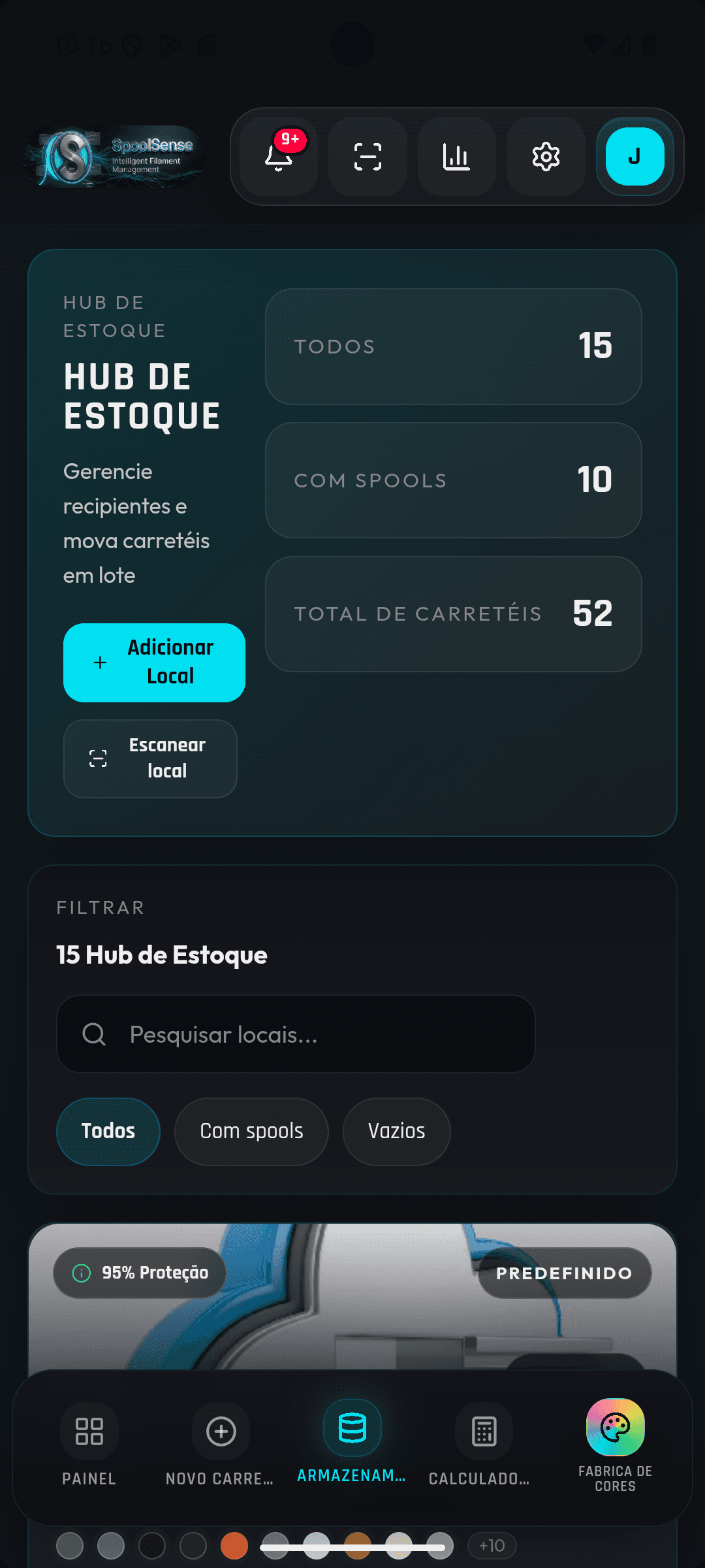 Hub de estoque do SpoolSense com locais, contagem de carretéis e escaneamento de local