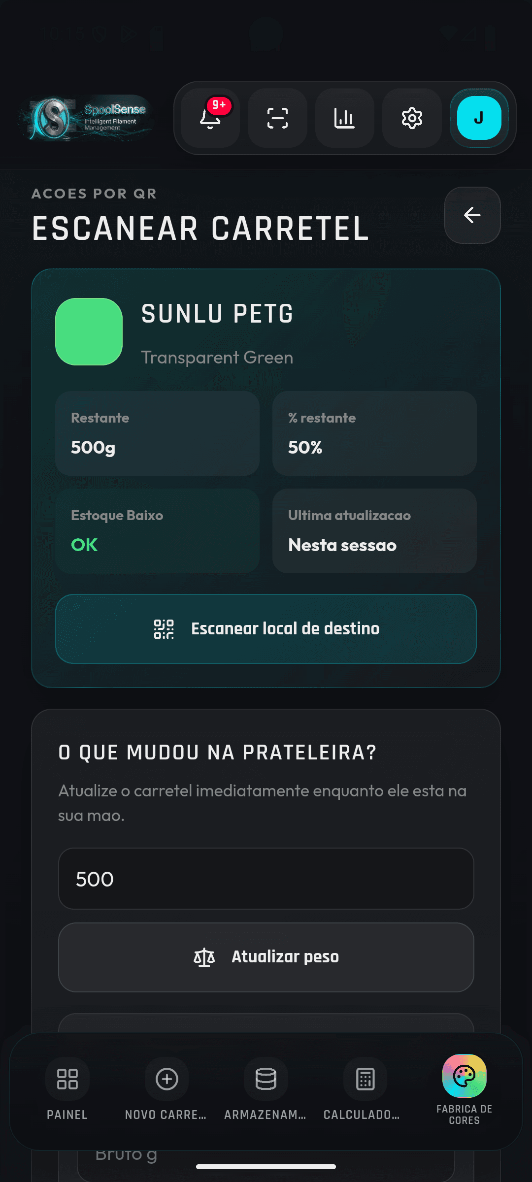 Tela do SpoolSense após escanear uma bobina, com ações para atualizar peso e mover local