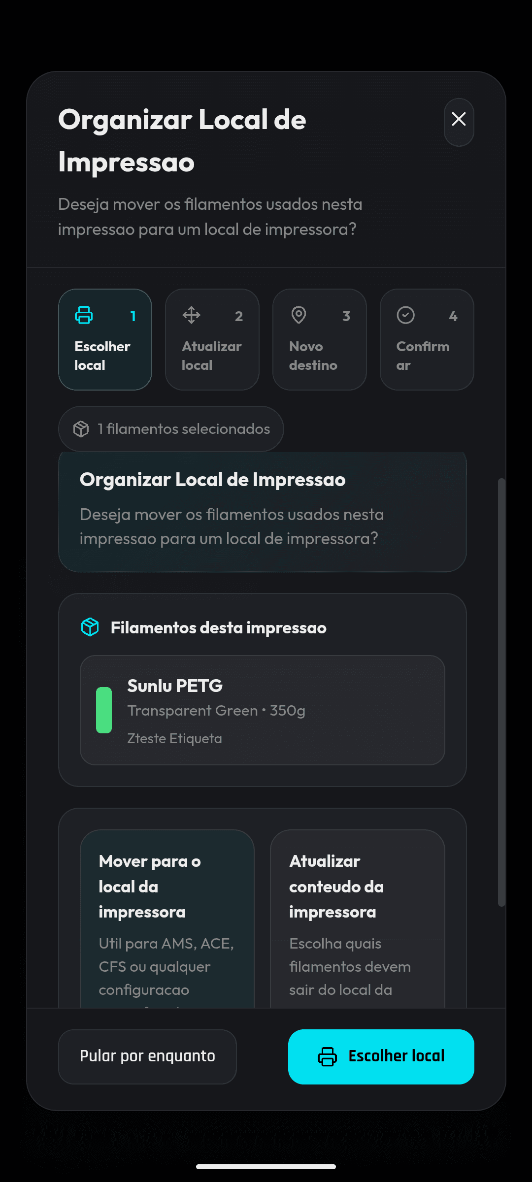 Fluxo do SpoolSense para organizar local de impressão e mover filamentos