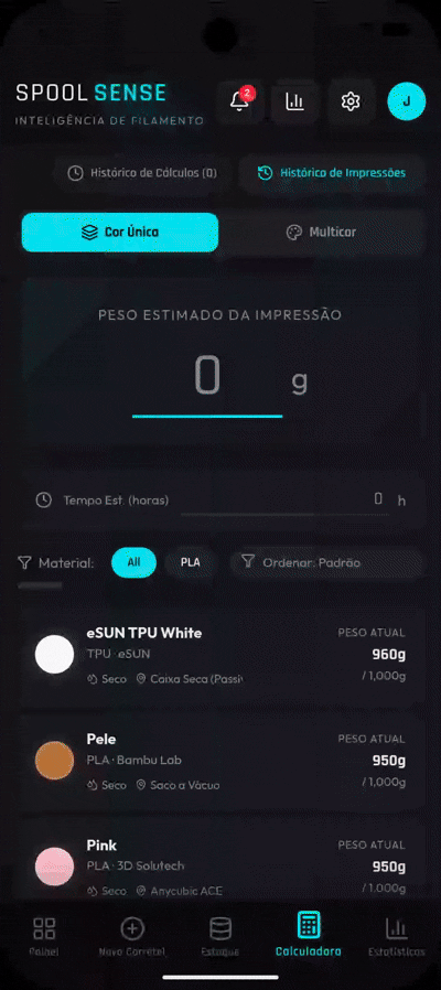 Demonstração do recurso Recupere material após falhas sem bagunçar o estoque no app SpoolSense