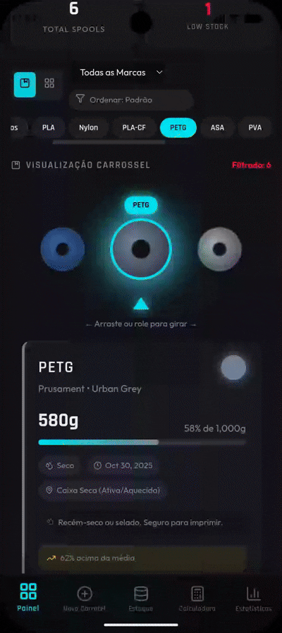 Demonstração do recurso Risco de umidade no momento certo no app SpoolSense