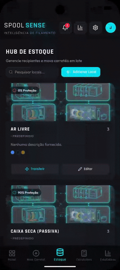 Demonstração do recurso Gestão multilocal sem planilha paralela no app SpoolSense