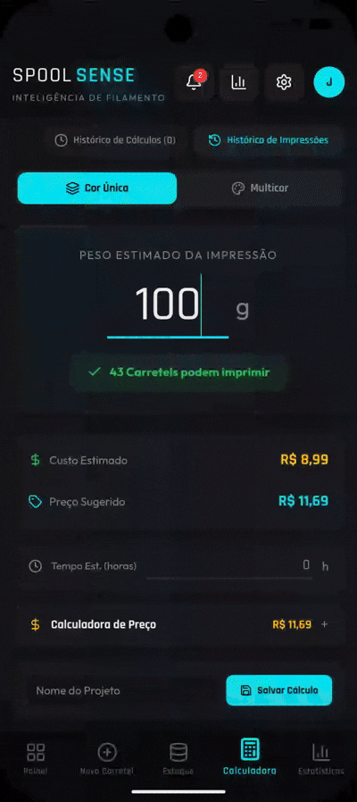 Demonstração do recurso Custo real por impressão e margem mais clara no app SpoolSense